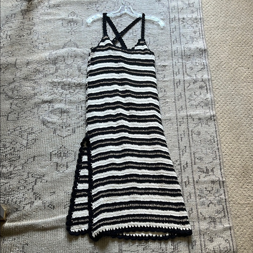 Mango Gold Black and Cream striped knit dress